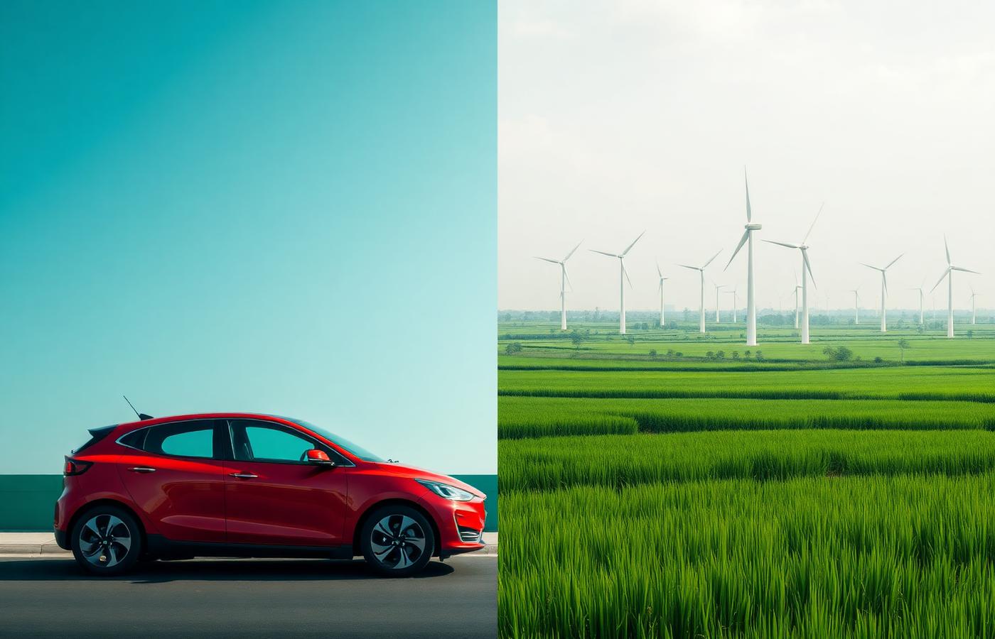 Red electric car beside green Bangladesh landscape with wind turbines